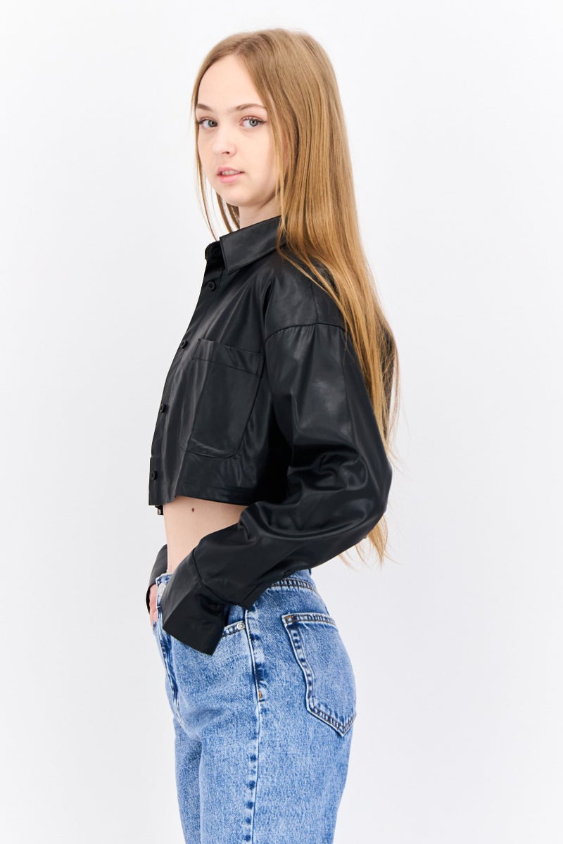 NIA Women Spread Collar Long Sleeve Plain Shirt Top, Black - Image 2