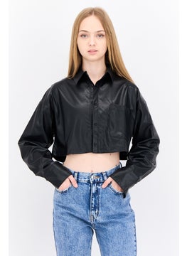 NIA Women Spread Collar Long Sleeve Plain Shirt Top, Black  - Image 1