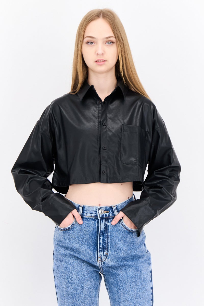 NIA Women Spread Collar Long Sleeve Plain Shirt Top, Black - Image 1