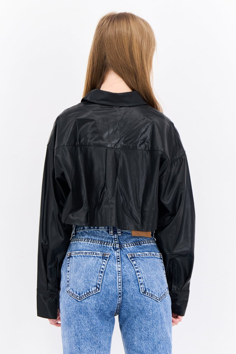 NIA Women Spread Collar Long Sleeve Plain Shirt Top, Black - Image 3