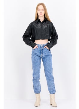 NIA Women Spread Collar Long Sleeve Plain Shirt Top, Black  - Image 4
