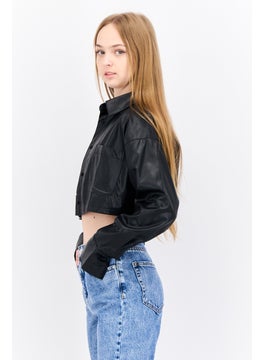 NIA Women Spread Collar Long Sleeve Plain Shirt Top, Black  - Image 2