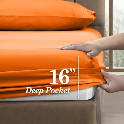 CELINE LINEN Premium 1800 Hotel Quality Wrinkle-Resistant 4-Piece Microfiber Sheet Set - Luxury Ultra Soft and Breathable Bedding 16 Inch Deep Pocket 4PC Sheet Set, King, Orange - Image 3