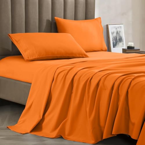 CELINE LINEN Premium 1800 Hotel Quality Wrinkle-Resistant 4-Piece Microfiber Sheet Set - Luxury Ultra Soft and Breathable Bedding 16 Inch Deep Pocket 4PC Sheet Set, King, Orange - Image 1