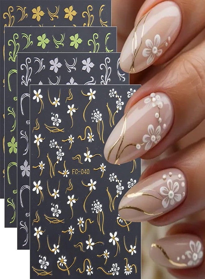 BYJKYEN 8 Sheets Flower Nail Art Stickers Nail Decals Green Gold Silver White Spring Flowers Nail Sticker 3D Self-Adhesive Stickers Holiday Acrylic DIY Manicure Decoration Accessories for Women - Image 1