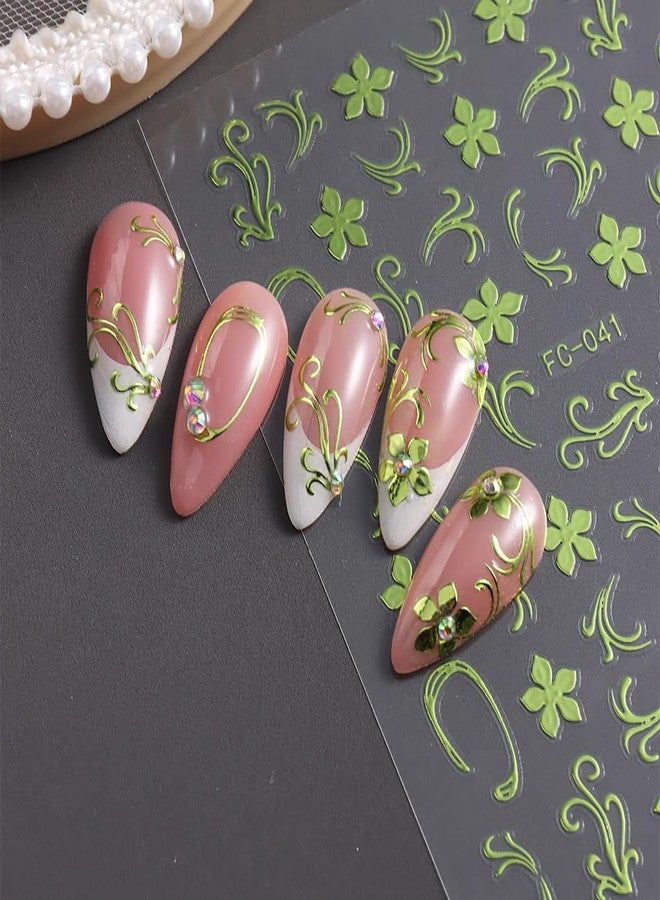 BYJKYEN 8 Sheets Flower Nail Art Stickers Nail Decals Green Gold Silver White Spring Flowers Nail Sticker 3D Self-Adhesive Stickers Holiday Acrylic DIY Manicure Decoration Accessories for Women - Image 5