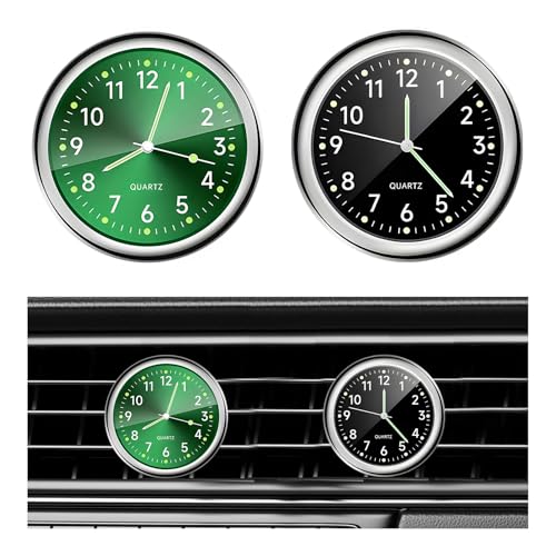 Dickno 2 PCS Stick on Dashboard Car Clock Mini Tiny Analog Quartz Luminous Air Vent Clocks Self Adhesive Automotive Vent Clocks Watch Vehicle Clock for Dashboard Decoration BlackGreen - Image 1