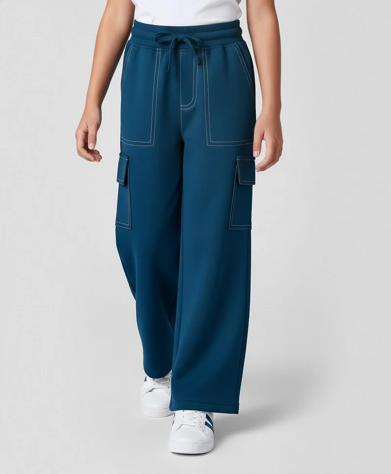 Pine Kids Pine Kids Knit Full Length Solid Colour Wide Leg Track Pant With Pockets - Navy Blue