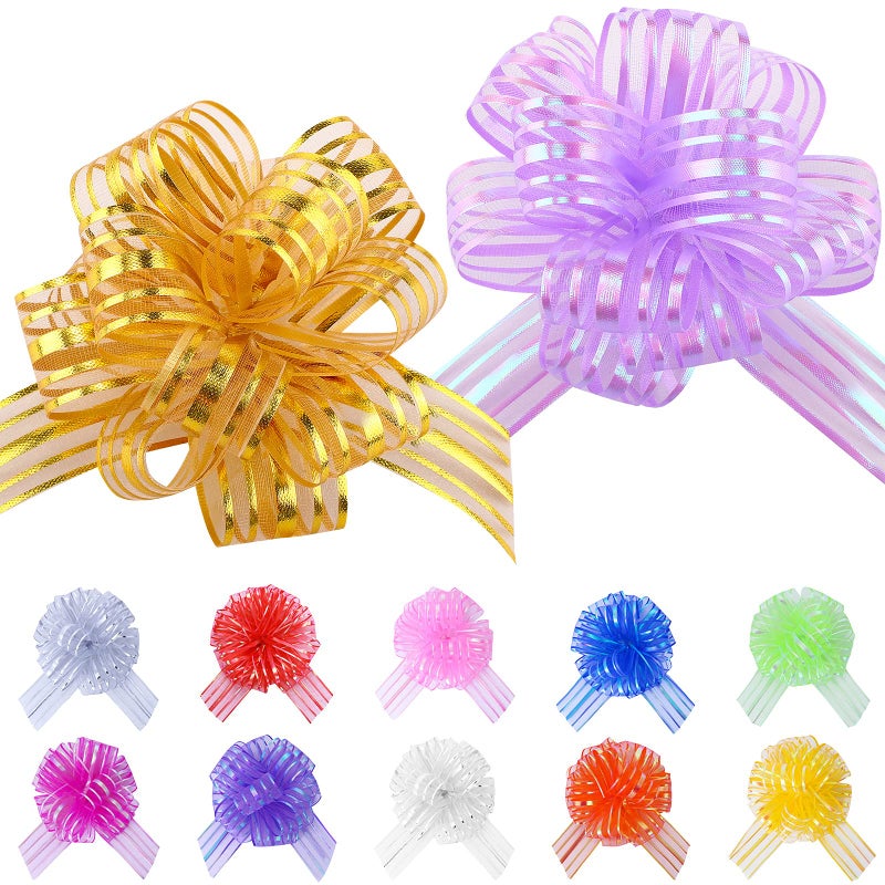24 Pieces Mixed Color Large Organza Pull Bow Present Wrapping Pull Bow with Ribbon for Wedding Present Baskets Multicolored