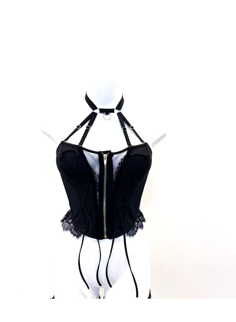 Black corset style bustier with harness choker neck strap