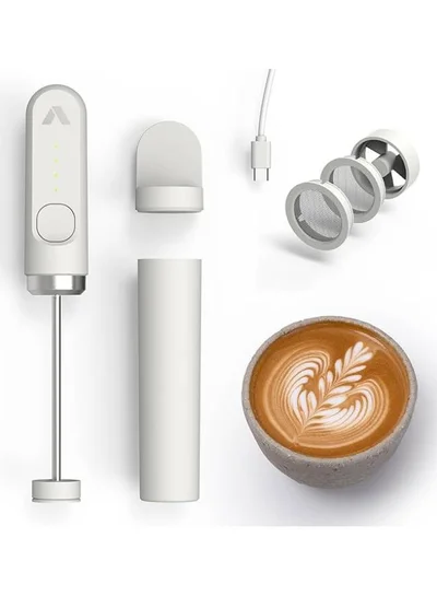 subminimal NanoFoamer Lithium - Portable Coffee Foam Maker, Multi-Touch 2-Speed Option, 3.7 Volts Li-ion Battery Operated, with 2 nanoscreens Fine and Superfine| for Coffee Lovers & Baristas - White