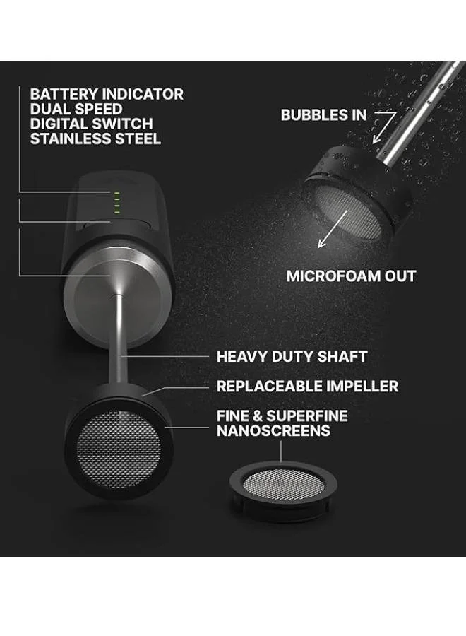 subminimal NanoFoamer Lithium - Portable Coffee Foam Maker, Multi-Touch 2-Speed Option, 3.7 Volts Li-ion Battery Operated, with 2 nanoscreens Fine and Superfine| for Coffee Lovers & Baristas - White