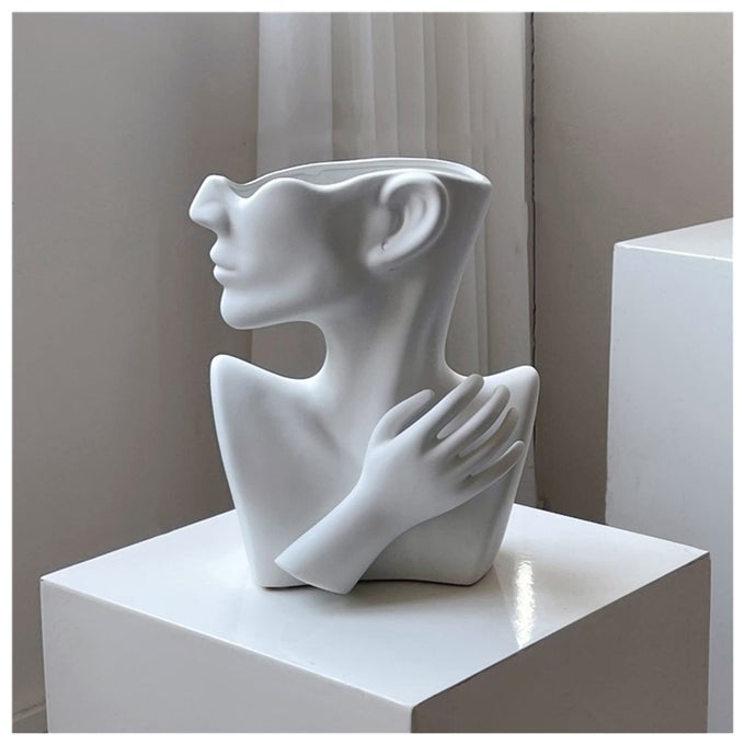 CERAMIC HEAD FACE FLOWER VASE FOR STATUE HOME DECORATION MATTE WHITE