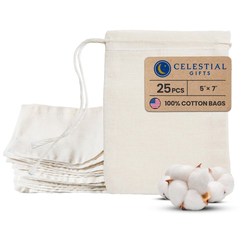 Celestial Gifts Muslin Bags 25pcs 5x7 100 Cotton Drawstring Bags for Party Favors Part and More Made in USA Natural Hem Drawstring