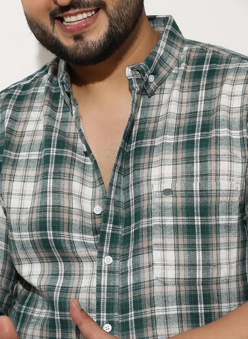Instafab Plus  Men Button-Down Ombre-Plaid Shirt | Button-Down Collar, Long Button-Cuff Sleeves | Button, Curved Hem | Plaid Jacquard Woven Fabric For Casual & Daily | Forest Green for Men | Best Price UAE