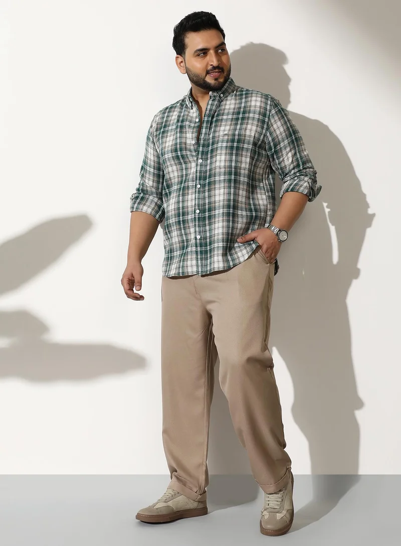 Instafab Plus  Men Button-Down Ombre-Plaid Shirt | Button-Down Collar, Long Button-Cuff Sleeves | Button, Curved Hem | Plaid Jacquard Woven Fabric For Casual & Daily | Forest Green for Men | Best Price UAE