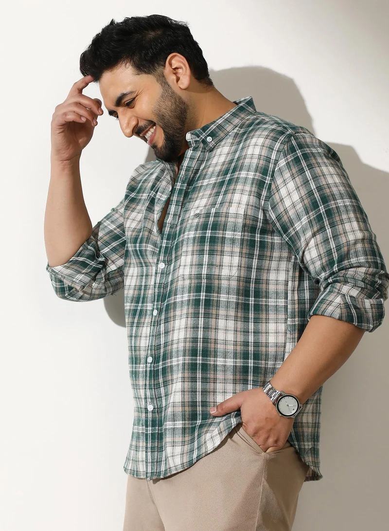 Instafab Plus  Men Button-Down Ombre-Plaid Shirt | Button-Down Collar, Long Button-Cuff Sleeves | Button, Curved Hem | Plaid Jacquard Woven Fabric For Casual & Daily | Forest Green for Men | Best Price UAE