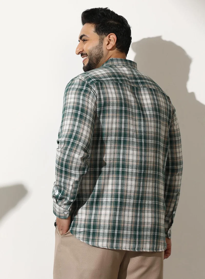 Instafab Plus  Men Button-Down Ombre-Plaid Shirt | Button-Down Collar, Long Button-Cuff Sleeves | Button, Curved Hem | Plaid Jacquard Woven Fabric For Casual & Daily | Forest Green for Men | Best Price UAE