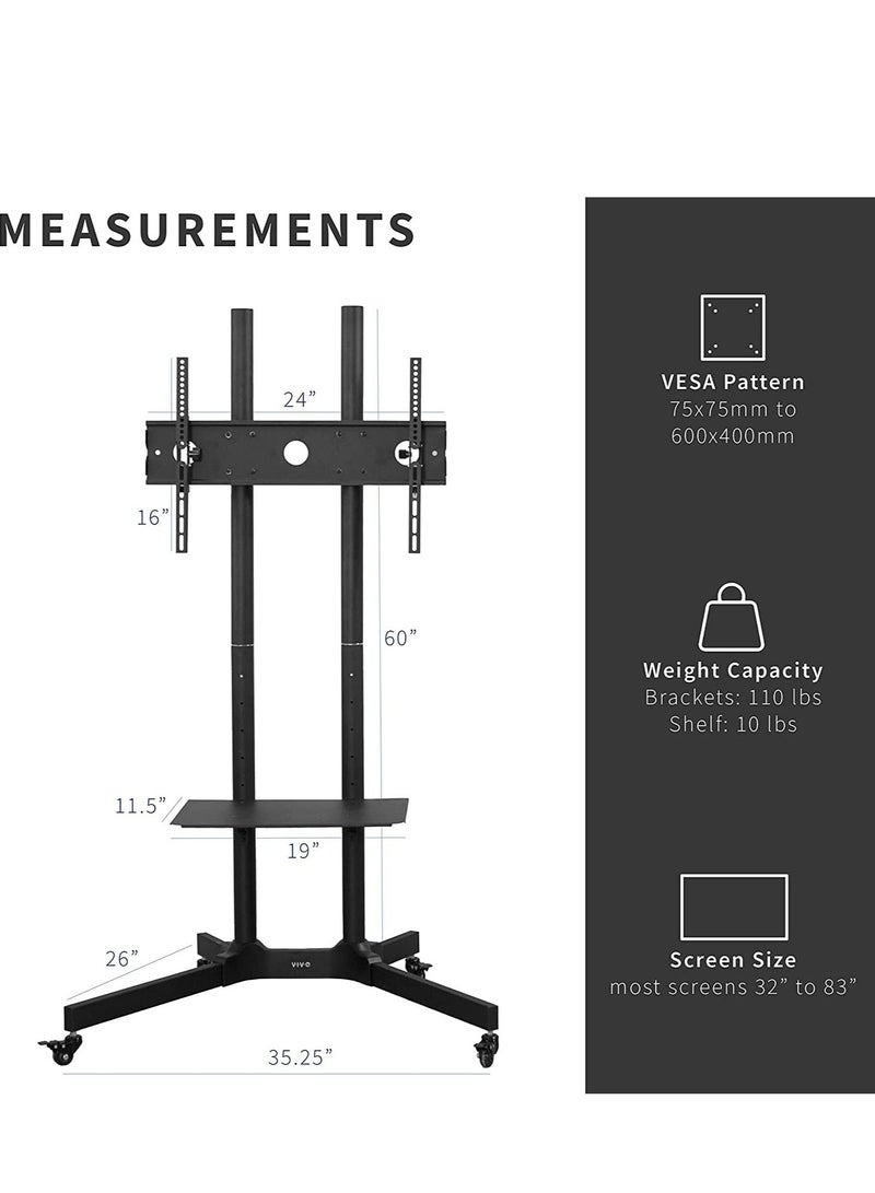 Black Rolling TV Cart for 32" to 65" LCD LED Plasma Flat Panel Screen | Mobile Stand with Wheels (STAND-TV03E)