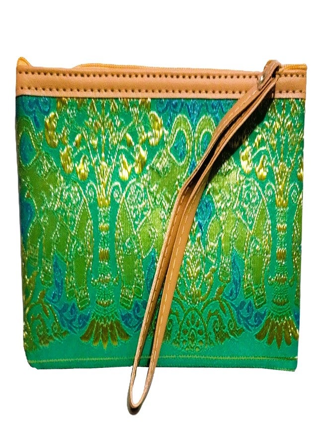 DeLegarde Traditional Brocade Clutch Wallet for Women, Light Green and Gold, 18 x 9.5 cm - Image 1