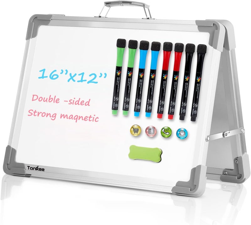 Tinkee Small Dry Erase White Board – Magnetic Desktop Foldable Whiteboard Portable Mini Easel Double Sided on Table Top with Holder for Drawing, Teacher Instruction, Memo Board - Image 1
