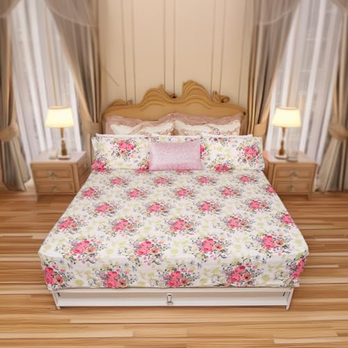 Status Contract Cotton Feel Double Fitted Bedsheet with 2 Pillow Covers for Bed Room, Home, Hotel-120 GSM (Rose) - Image 1