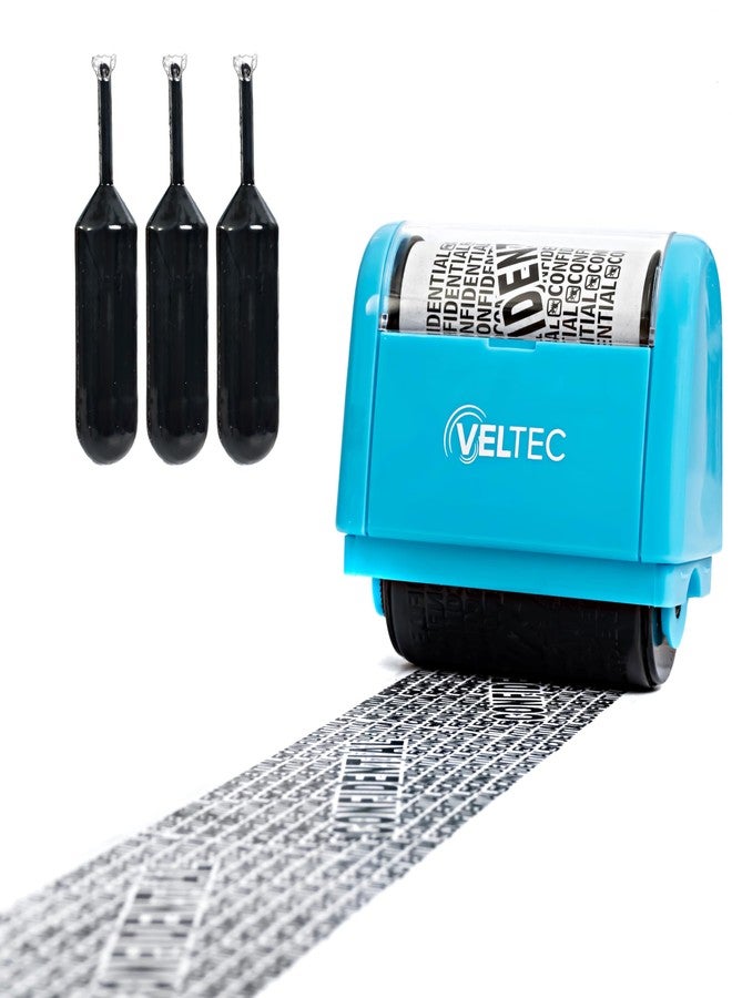 Veltec ID Protector Ink Roller - Identity Theft Protection Roller Stamp Set (Blue, Stamp+3 Refills) - Image 1
