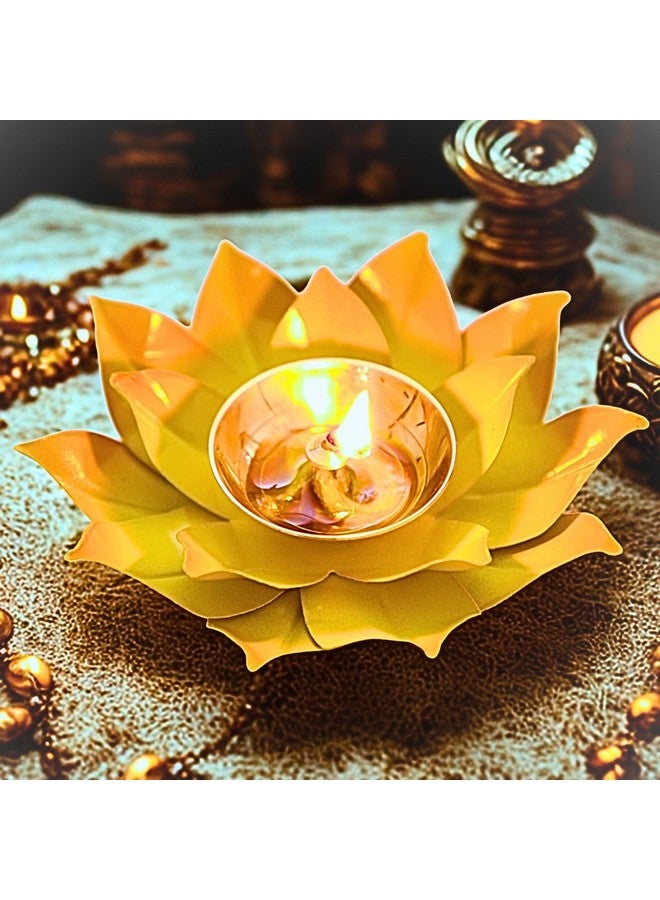 EIN SOF Brass Lotus Flower Diyas for Home Decoration , 5 inches Medium Size Puja Akhand Diya , Decorative Diwali & Christmas Festival Item with Gift Box , Yellow - Image 2