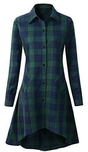 olrain Womens Plaids V Neck Long Sleeve Irregular Hem Casual Shirt Dress (Medium, Ngreen) - Image 1
