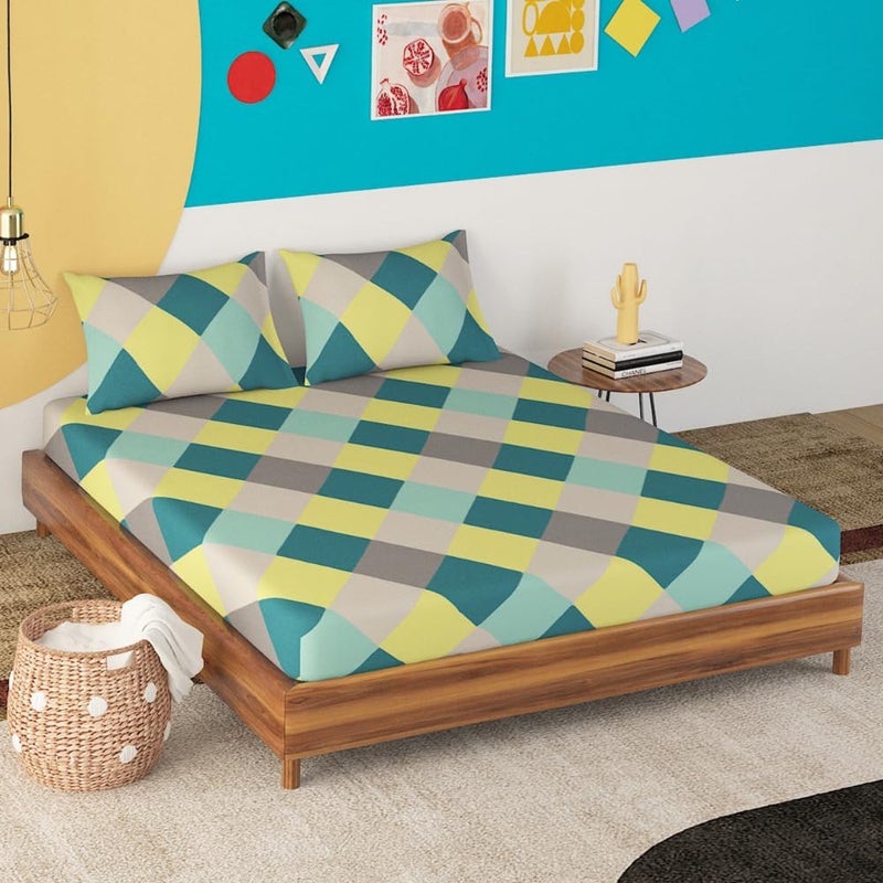 Sleepyhead Sleepyhead Hopscotch - 144Tc Double Size Cotton Bedsheet With 2 Pillow Covers (90"X100", Green),144 TC - Image 1
