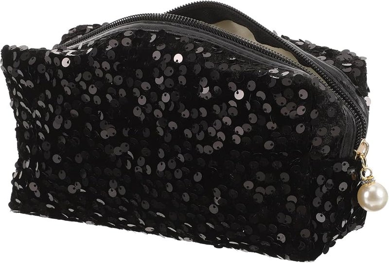 Large Capacity Sequin Travel Makeup Bag Black Zippered Portable Toiletry Organizer - Image 1