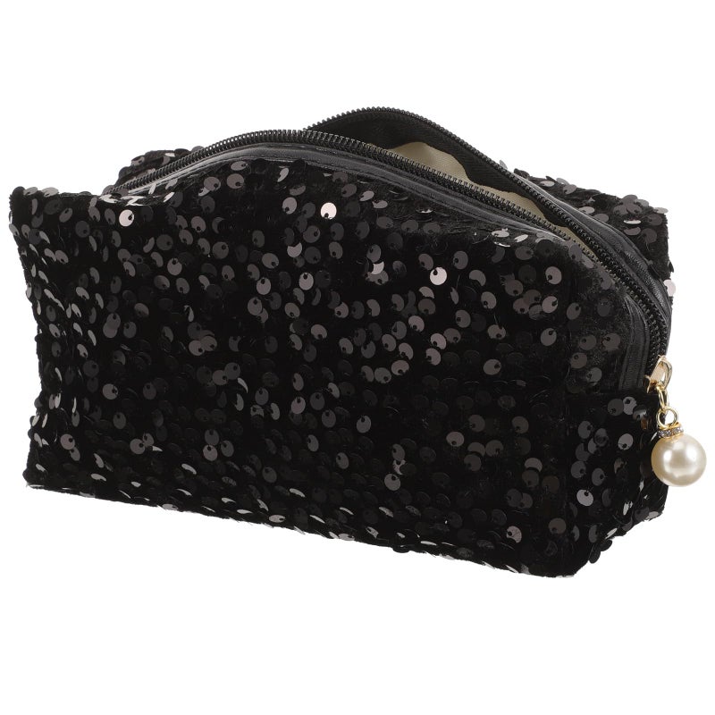 Large Capacity Sequin Travel Makeup Bag Black Zippered Portable Toiletry Organizer - Image 2