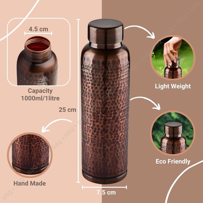 Sisq Pure Copper Water Bottle 1 Litre Dame Shape Handcrafted Antique Copper Bottle for Drinking 1000ml Hammered Design for Sustainable Living - Image 3