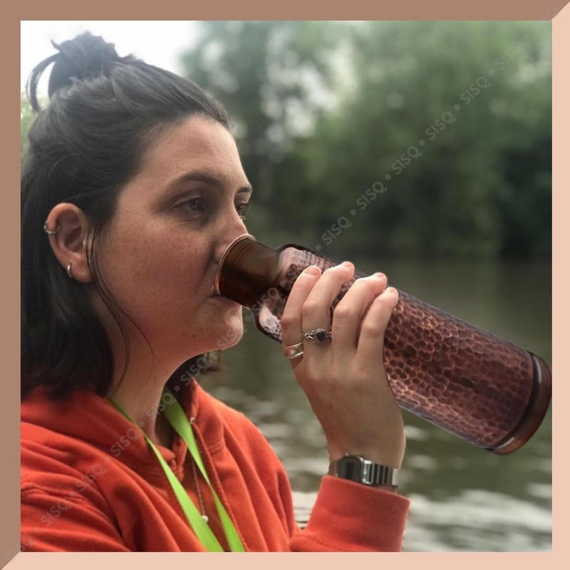 Sisq Pure Copper Water Bottle 1 Litre Dame Shape Handcrafted Antique Copper Bottle for Drinking 1000ml Hammered Design for Sustainable Living - Image 5