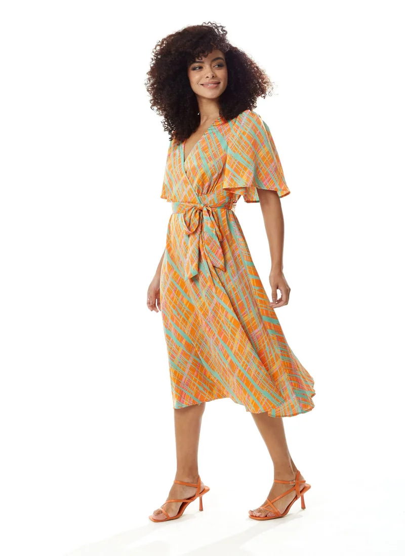 Liquorish  Midi Wrap Dress in Orange Scribble Print for Women | Best Price UAE