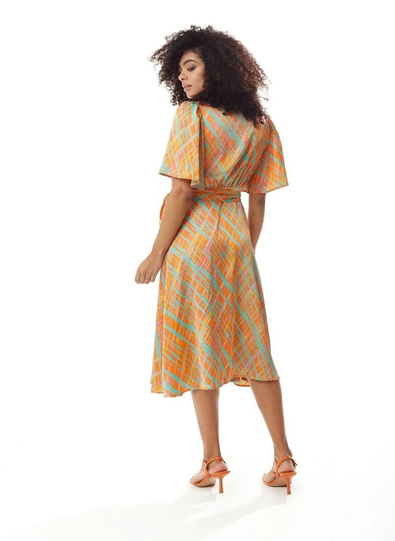 Liquorish  Midi Wrap Dress in Orange Scribble Print for Women | Best Price UAE