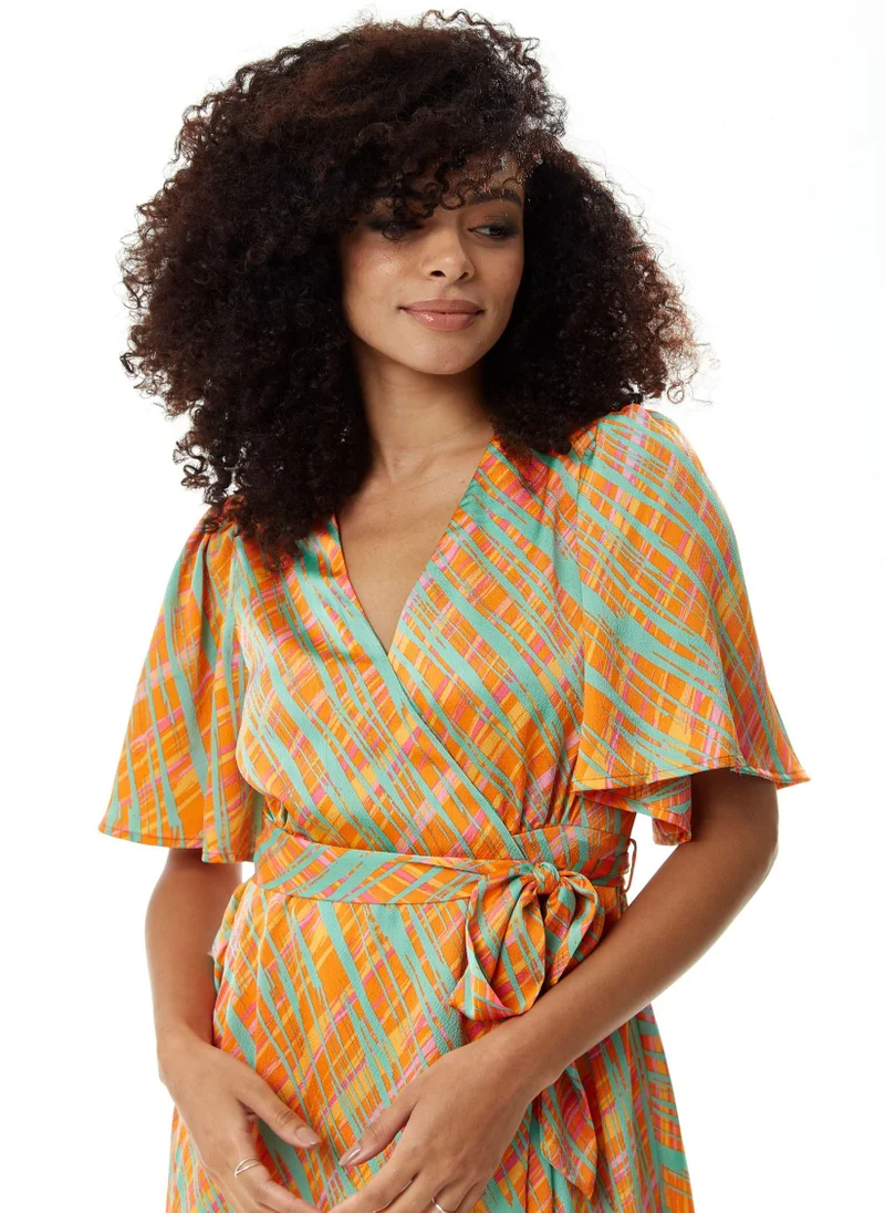 Liquorish  Midi Wrap Dress in Orange Scribble Print for Women | Best Price UAE