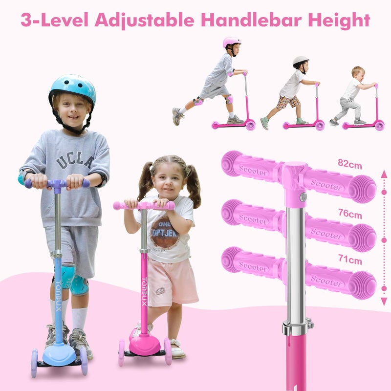 TONBUX Kids Scooter for Ages 3-8, Toddler Scooter with Light-Up Wheels, Adjustable 4-Level Height 3-Wheel Scooters for Kids, Lean-to-Steer Design (Rose Red) - Image 4