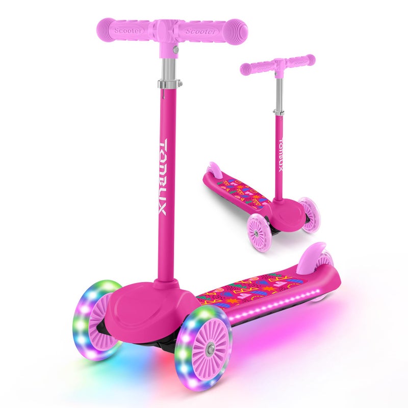 TONBUX Kids Scooter for Ages 3-8, Toddler Scooter with Light-Up Wheels, Adjustable 4-Level Height 3-Wheel Scooters for Kids, Lean-to-Steer Design (Rose Red) - Image 1