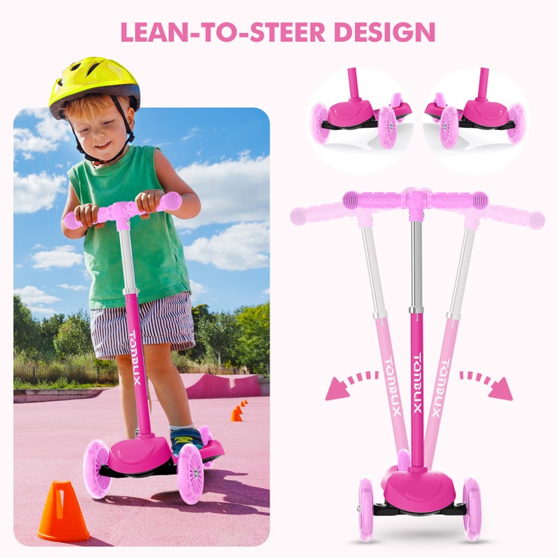 TONBUX Kids Scooter for Ages 3-8, Toddler Scooter with Light-Up Wheels, Adjustable 4-Level Height 3-Wheel Scooters for Kids, Lean-to-Steer Design (Rose Red) - Image 5