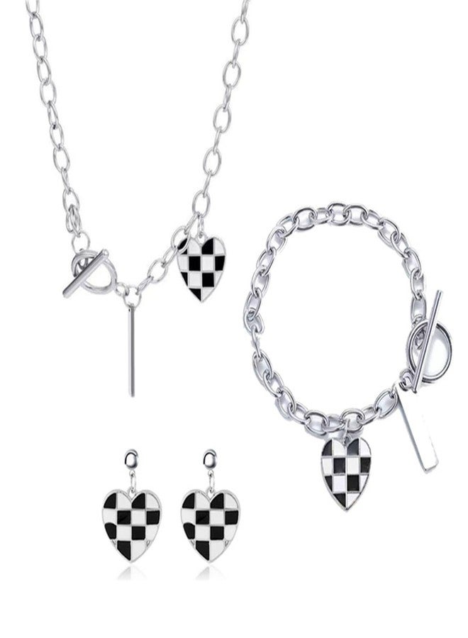 WCRAZYE Checkered Earrings Necklace Bracelet Sets for Women Elegant Black White Heart Striped Dangle Drop Earrings Heart Plaid Pendant Necklace Minimalist Statement Jewelry Gifts (Checkered Flag Set) - Image 1