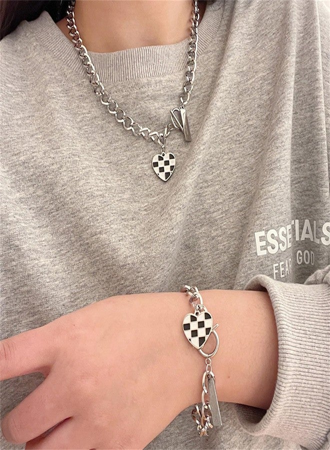 WCRAZYE Checkered Earrings Necklace Bracelet Sets for Women Elegant Black White Heart Striped Dangle Drop Earrings Heart Plaid Pendant Necklace Minimalist Statement Jewelry Gifts (Checkered Flag Set) - Image 3