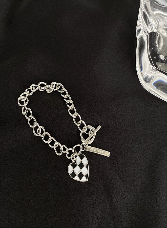 WCRAZYE Checkered Earrings Necklace Bracelet Sets for Women Elegant Black White Heart Striped Dangle Drop Earrings Heart Plaid Pendant Necklace Minimalist Statement Jewelry Gifts (Checkered Flag Set) - Image 5
