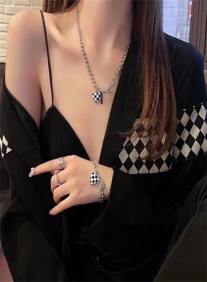 WCRAZYE Checkered Earrings Necklace Bracelet Sets for Women Elegant Black White Heart Striped Dangle Drop Earrings Heart Plaid Pendant Necklace Minimalist Statement Jewelry Gifts (Checkered Flag Set) - Image 2