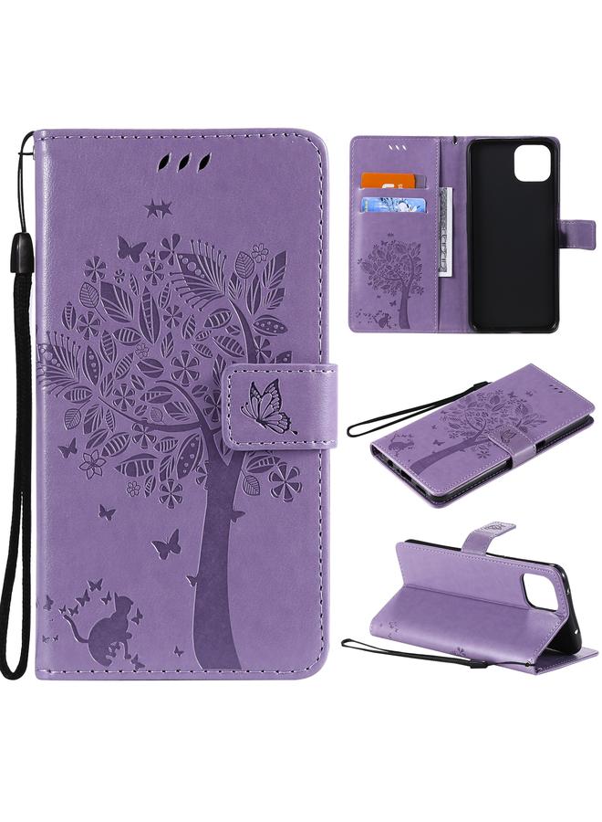 اس-توب جراب لهاتف OPPO A73 5G بطباعة مضغوطة على شكل شجرة وقطط، جراب من جلد البولي يوريثان قابل للطي أفقيًا مع حامل وفتحات للبطاقات ومحفظة وحبل تعليق - Image 1