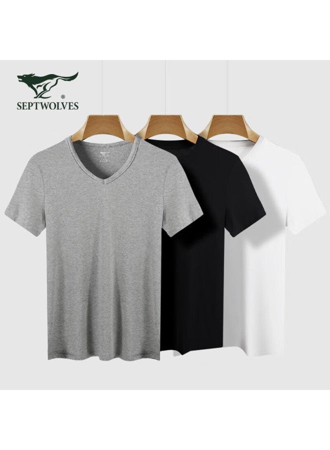 Septwolves Men's Short Sleeve V-neck T-shirt, Spring And Summer Pure Cotton Casual Undershirt For Layering, 3-pack