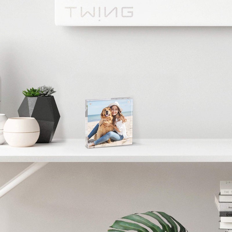 TWING 2 Pack 4x4 Acrylic Picture Frame, Horizontal Magnet Double Sided 4x4 Picture Frame Set with Microfiber Cloth, 10 + 10MM Thickness Clear Desktop Acrylic Photo Frame Display Gifts Ideal, Ideal - Image 5
