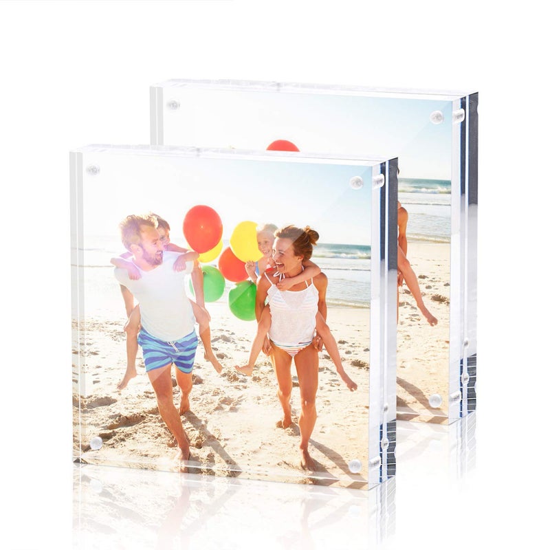 TWING 2 Pack 4x4 Acrylic Picture Frame, Horizontal Magnet Double Sided 4x4 Picture Frame Set with Microfiber Cloth, 10 + 10MM Thickness Clear Desktop Acrylic Photo Frame Display Gifts Ideal, Ideal - Image 1