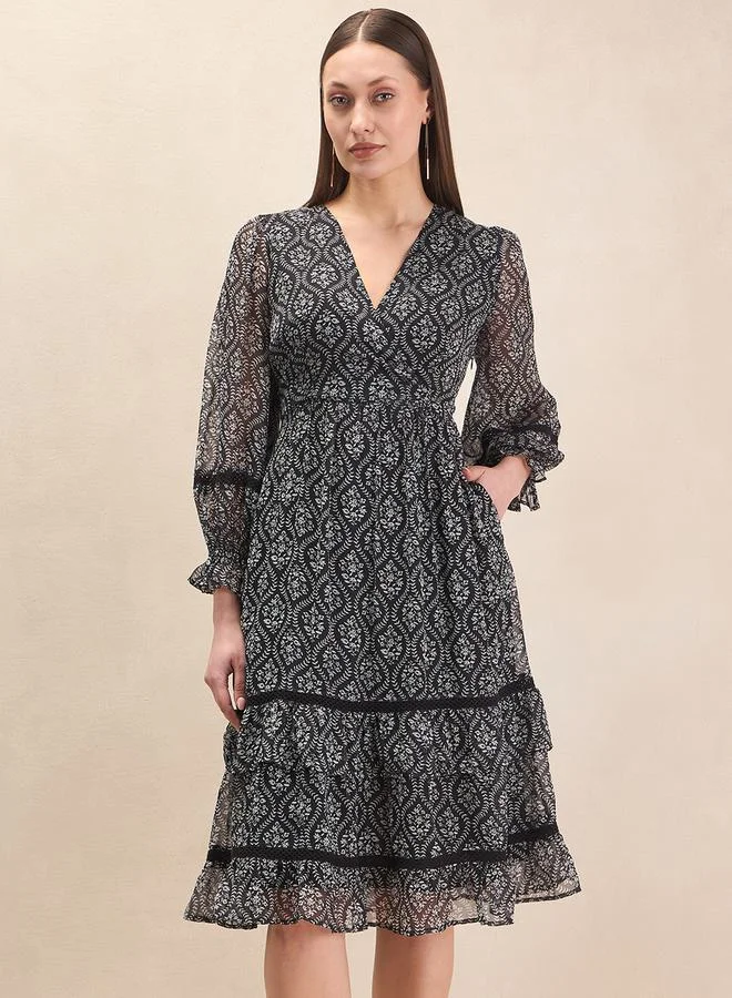 FEMELLA Floral Print V Neck Tiered Midi Dress with Pocket by Styli
