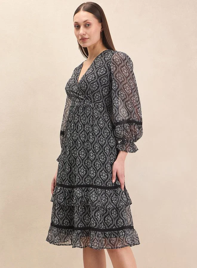 FEMELLA Floral Print V Neck Tiered Midi Dress with Pocket by Styli